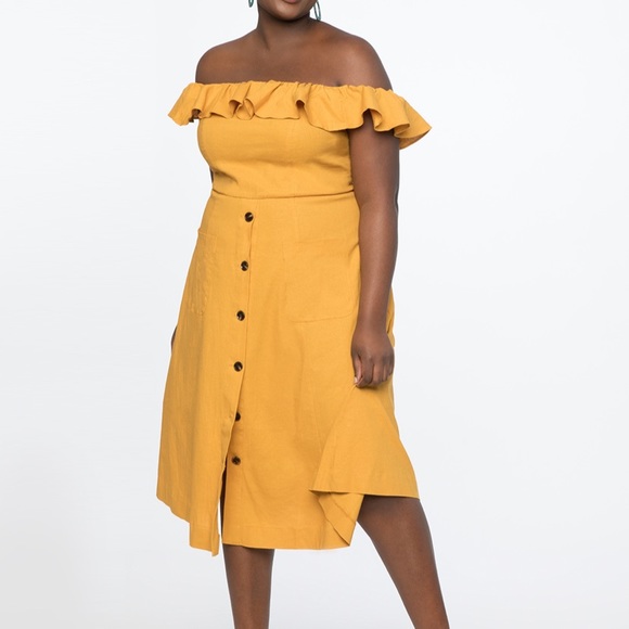 Eloquii Off the Shoulder Ruffle Midi Dress Dark Mustard Size 20 - Picture 8 of 8
